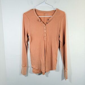 Aerie Henley Essential Distressed Layering Long Sleeve T-Shirt Medium Peach Tan